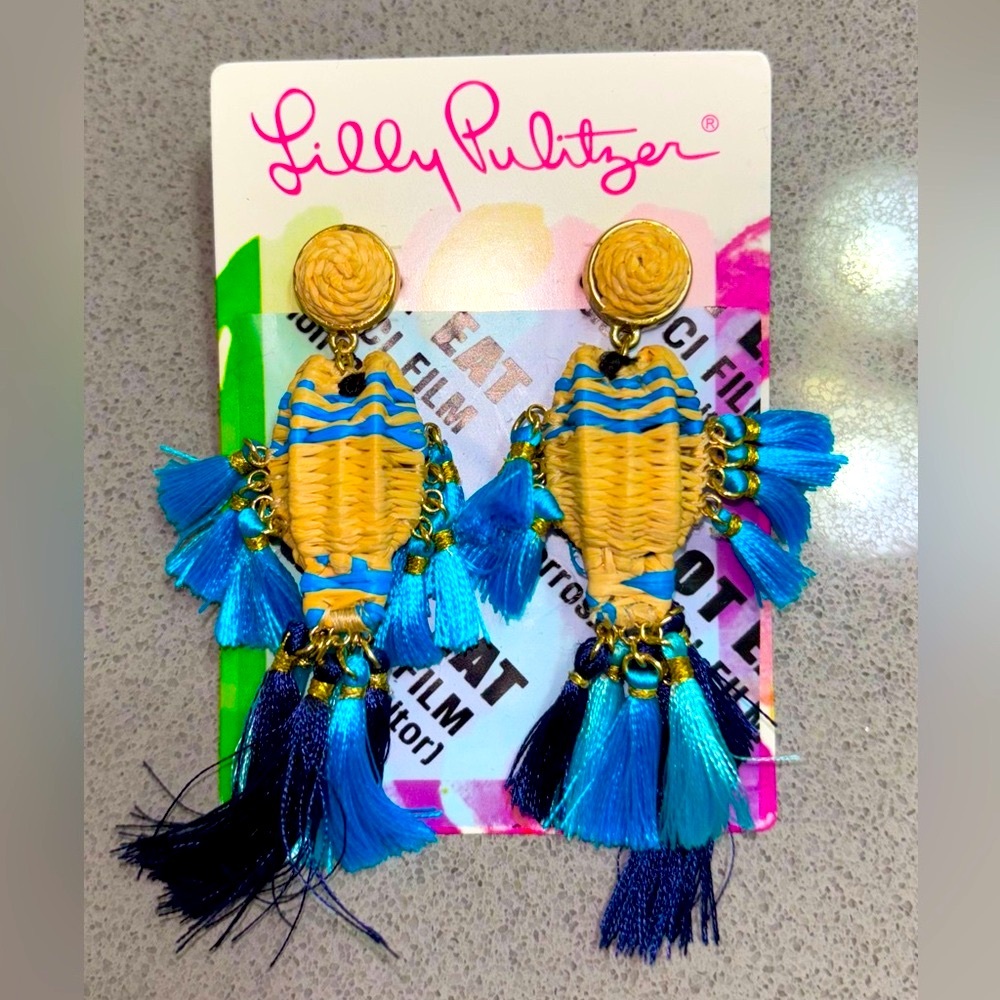 New Lilly Pulitzer Blue Fish Tassel Earrings